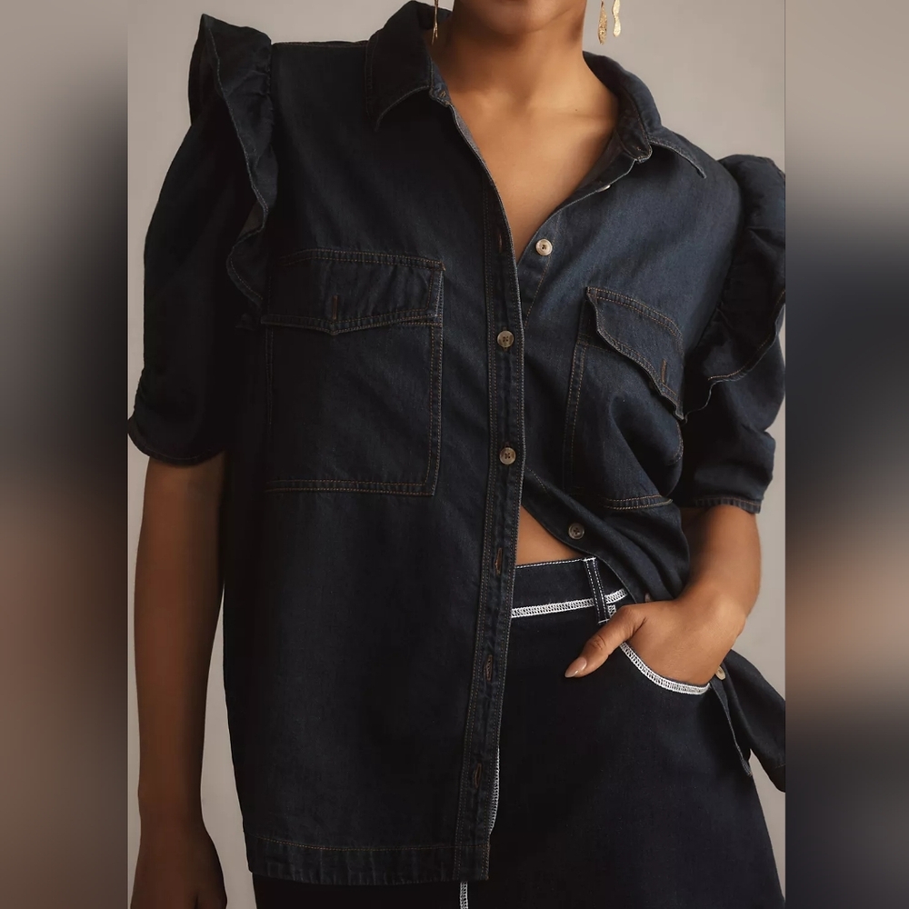The Ozzi Ruffle-Sleeve Buttondown Shirt by Pilcro Size Small Relaxed - Picture 13 of 13
